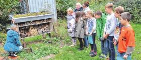 Im Öko-Garten schauten sich die Schüler auch das Insektenhotel an. Lehrerin Marietta Klüdtke erklärte den Besuchern den Aufbau.